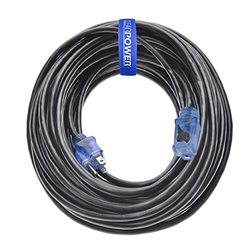 Clear Power 80 ft Outdoor Extension Cord 16/3 SJTW with Lighted Locking Connector, Black, Water & Weather Resistant, Flame Retardant, 3 Prong Grounded Plug, CP10128 - Image 1