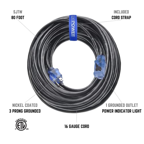 Clear Power 80 ft Outdoor Extension Cord 16/3 SJTW with Lighted Locking Connector, Black, Water & Weather Resistant, Flame Retardant, 3 Prong Grounded Plug, CP10128 - Image 2