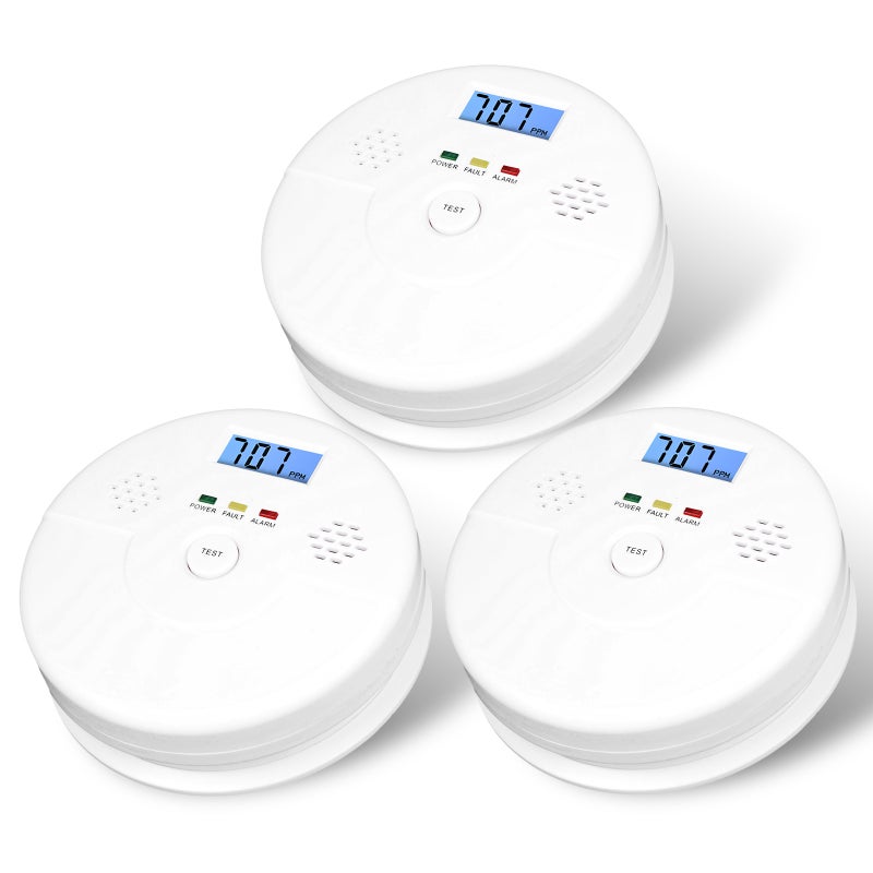 3 Packs Carbon Monoxide Detector LCD Digital Display 85dB Alarm Battery Operation CO Monitor Alarm Detector with LED Indicator Lights for Home / Workplace / Garage / Office - Batteries NOT Included - Image 1