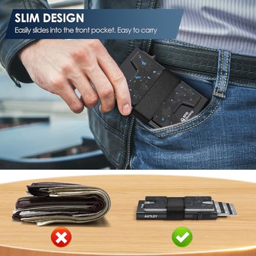 AUTLEY Slim Card Holder, Minimalist Pop Up Wallet for Men, RFID Blocking Mens Wallet with Cash Band (Blue Spot Carbon Fiber) - Image 3