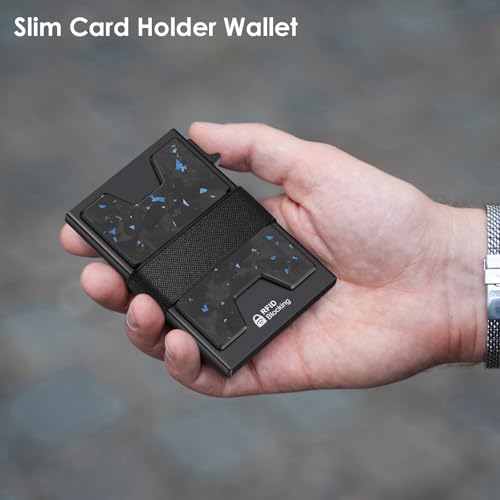 AUTLEY Slim Card Holder, Minimalist Pop Up Wallet for Men, RFID Blocking Mens Wallet with Cash Band (Blue Spot Carbon Fiber) - Image 2