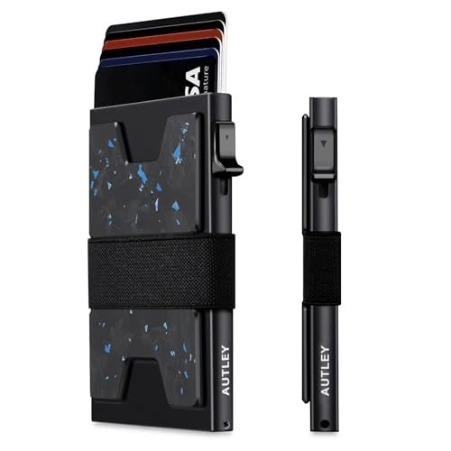 AUTLEY Slim Card Holder, Minimalist Pop Up Wallet for Men, RFID Blocking Mens Wallet with Cash Band (Blue Spot Carbon Fiber) - Image 1
