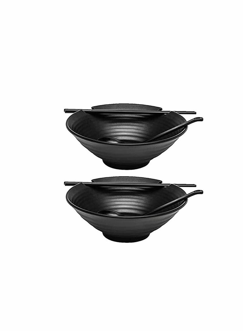 2 Sets of Ramen Bowl (Black Melamine),6pcs,37oz Soup Bowls with Chopsticks and Spoons Set for Ramen,Pho,Noodles,Asian Dishes - Image 1