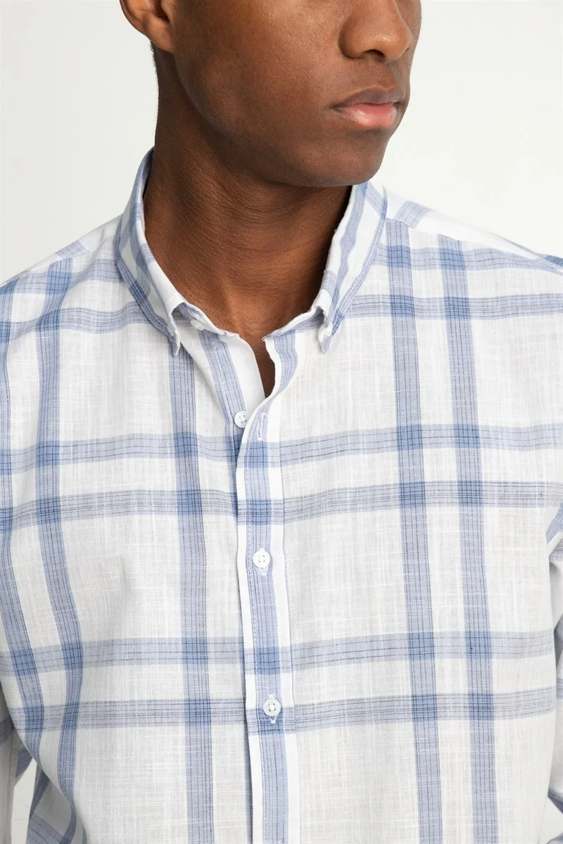 Tudors Slim Fit Long Sleeve Checked Collar Buttoned Linen Men's Shirt -