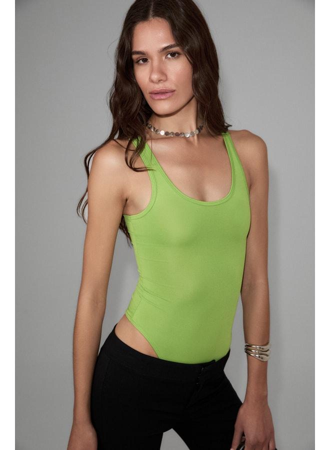 GRIMELANGE OSTARA Women's Sleeveless Snap-Detail Cut-out Neck Slim Fit Pistachio Green Tank Top. - Image 1