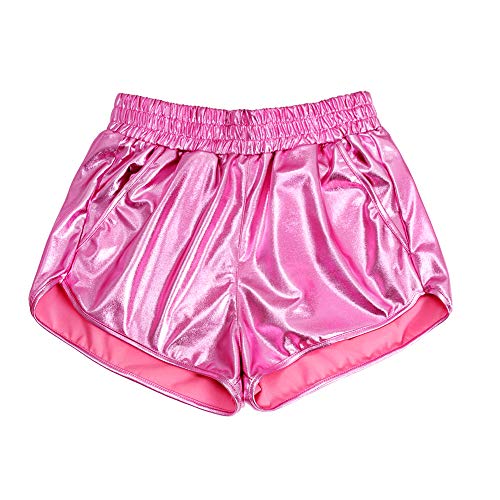 PESION Women's Pink Metallic Shorts Shiny Pants Sparkly Hot Yoga Outfit, Pink Medium - Image 3