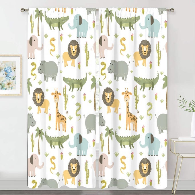 BABY BOY SAFARI ANIMAL CURTAINS 52W X 84H INCH ROD POCKET KIDS ROOM DECOR WOODLAND JUNGLE CARTOON LION ELEPHANT PRINTED FOR NURSERY PLAYROOM LIVING ROOM BEDROOM WINDOW DRAPES FABRIC
