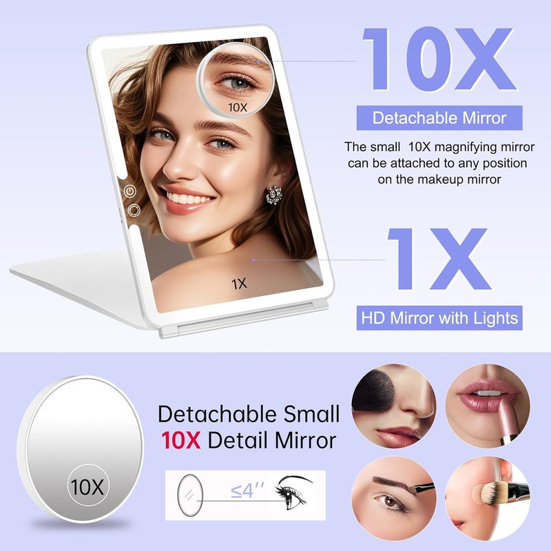 FUNTOUCH Large Rechargeable Travel Makeup Mirror with Light, Portable Makeup Mirror with 10X Magnifying Mirror 3 Lighting Modes, Dimmable Touch Screen, Tabletop Folding Travel Mirror with Storage Bag - Image 3