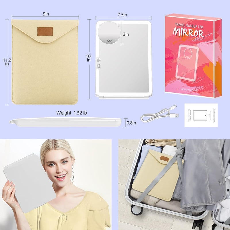 FUNTOUCH Large Rechargeable Travel Makeup Mirror with Light, Portable Makeup Mirror with 10X Magnifying Mirror 3 Lighting Modes, Dimmable Touch Screen, Tabletop Folding Travel Mirror with Storage Bag - Image 4