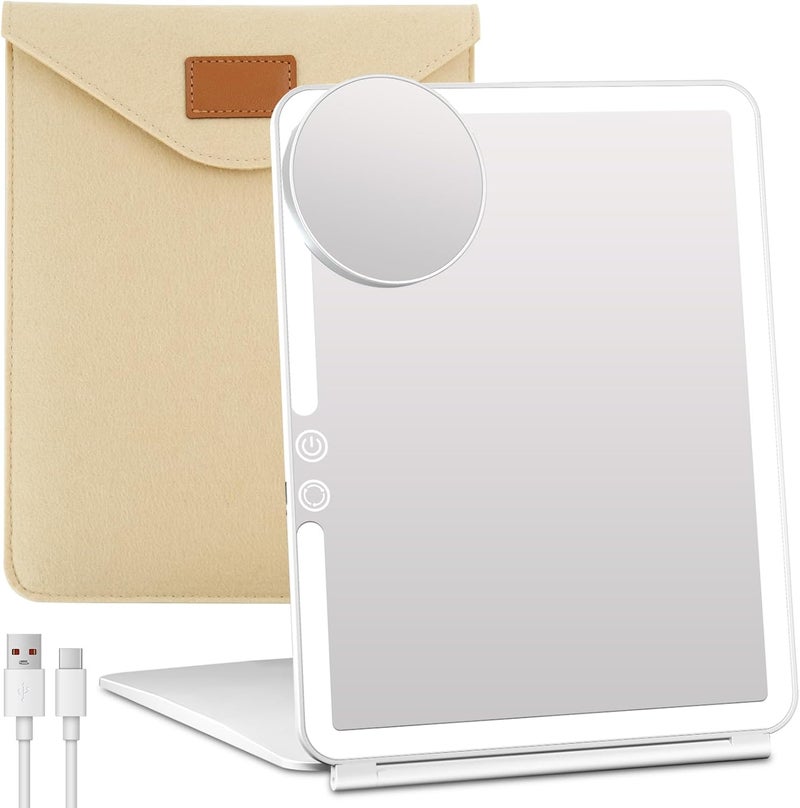 FUNTOUCH Large Rechargeable Travel Makeup Mirror with Light, Portable Makeup Mirror with 10X Magnifying Mirror 3 Lighting Modes, Dimmable Touch Screen, Tabletop Folding Travel Mirror with Storage Bag - Image 1
