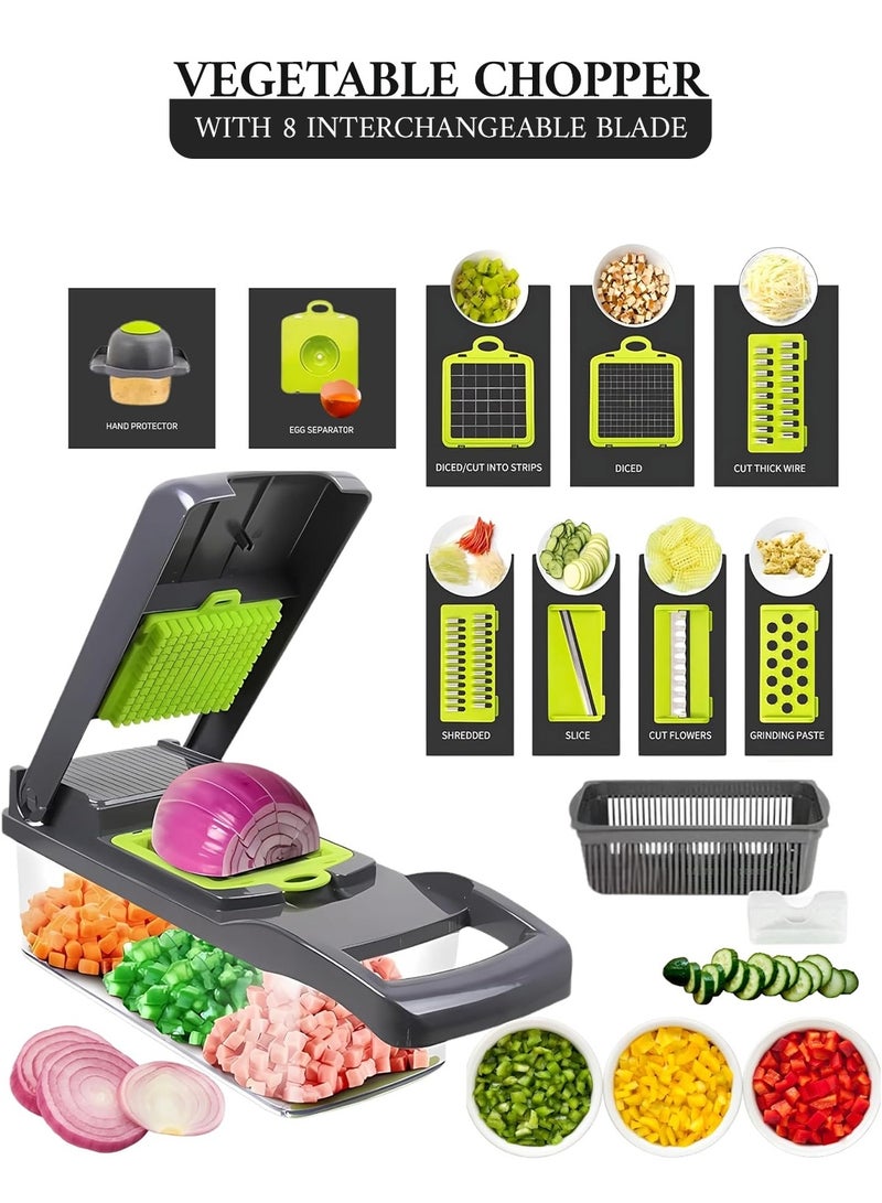 RION 16-in-1 Vegetable Chopper, Multifunctional Food Dicer & Slicer with Interchangeable Blades, Large Container & Spiralizer – Adjustable Veggie Cutter for Salad, Onion, Garlic & Potato (Gray) - Image 1