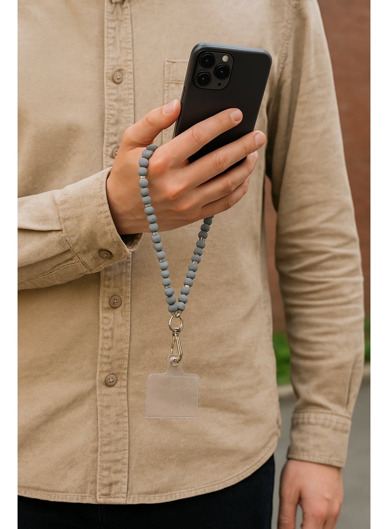 سلسلة موبايل خرز رمادي مع فواصل فضية – مقاس صغير لليد – تصميم عصري ومتين - Image 2