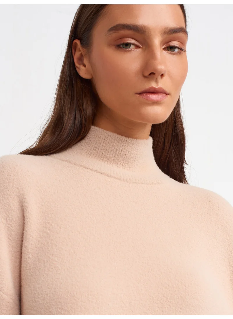 ديلفين 10483 Soft Textured Stand-up Collar Crop Sweater-Beige