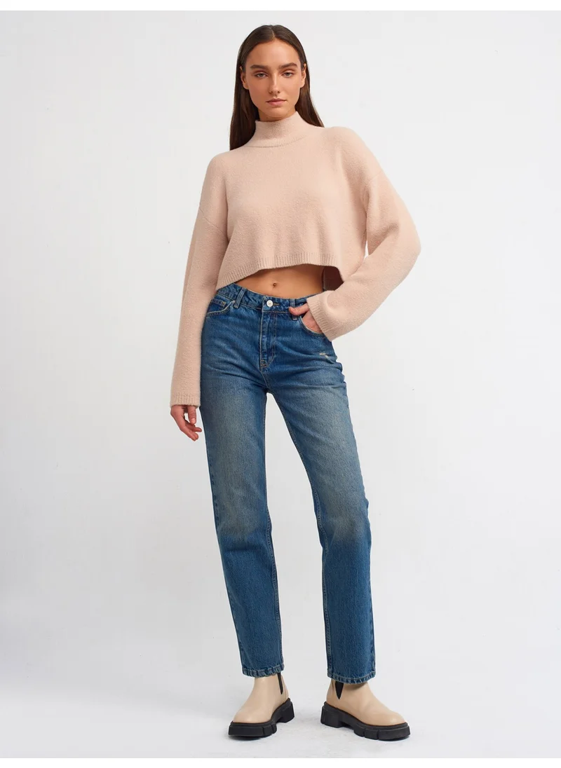 Dilvin 10483 Soft Textured Stand-up Collar Crop Sweater-Beige