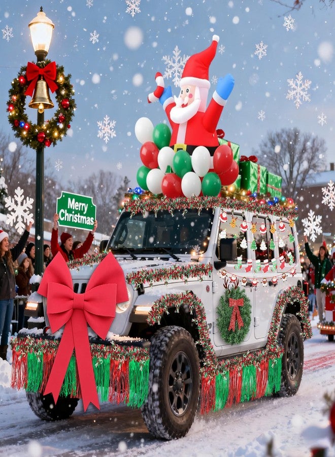 Suncalla 75pcs Christmas Parade Float Large Car Decoration 48inch Inflatable Santa Claus 24inch Giant Bow 1christmas Wreath 4red Green Metallic Foil Fringe 4 118.8inch Tinsel Garland 4banner 60balloon - Image 5