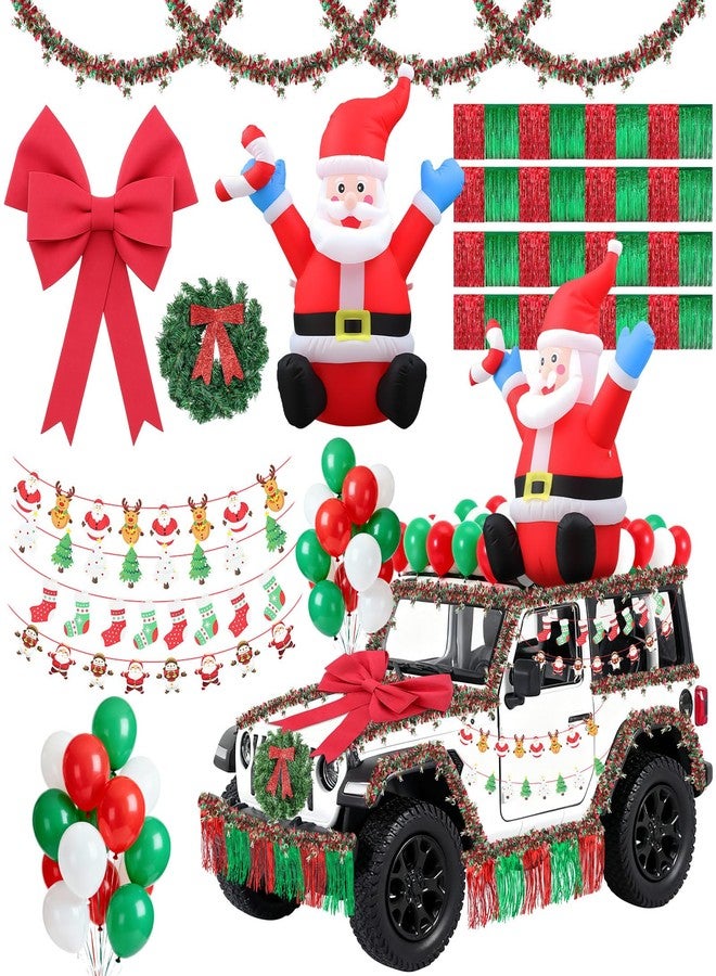Suncalla 75pcs Christmas Parade Float Large Car Decoration 48inch Inflatable Santa Claus 24inch Giant Bow 1christmas Wreath 4red Green Metallic Foil Fringe 4 118.8inch Tinsel Garland 4banner 60balloon - Image 1
