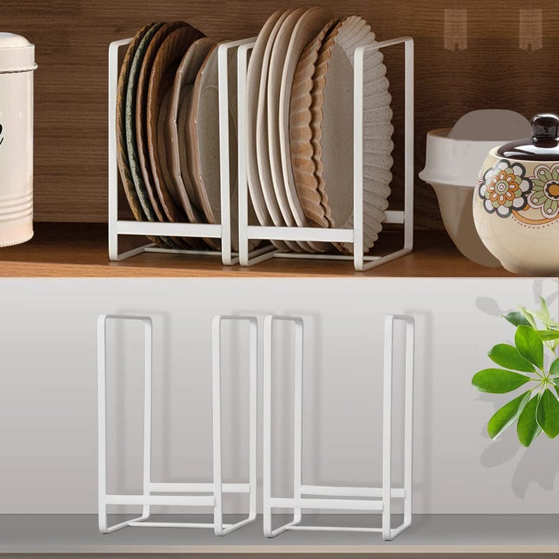 MINGFANITY 4PCS Plate Holders Organizer Metal Dish Storage Dying Display Rack for Cabinet Counter and Cupboard White 4 Large