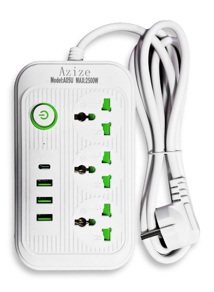 A05U Smart Power Strip, Multi-Outlet with Surge Protection, 3 2500W Power Outlets, 3 USB Ports, and 1 Type-C Port, Fast and Safe Charging, Stylish White Design, Ideal for Home, Office and Smart Devices  - Image 1
