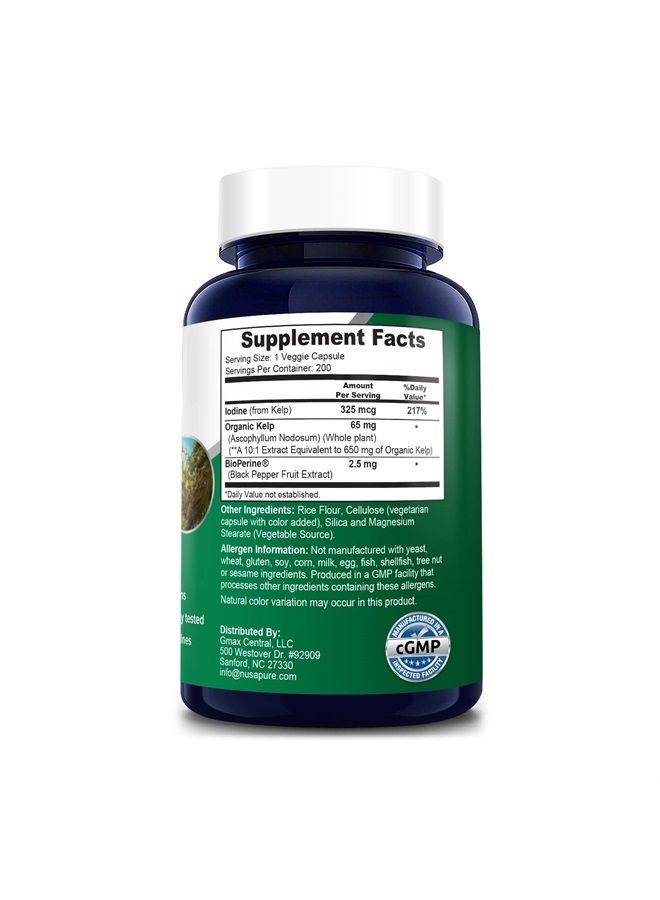 NusaPure Sea Kelp Iodine 325 Mcg Per Capsule with Bioperine. 200 Veggie Capsules (Non-GMO & Gluten Free, Made with Organic kelp) - Image 2