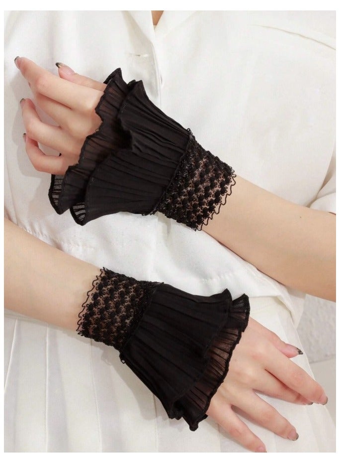 Black Lace Wrist Sleeves Short Fingerless Glove Hollow Out Sheer Floral Pattern Wedding Dress Accessories - Image 1