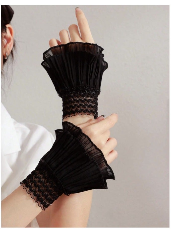 Black Lace Wrist Sleeves Short Fingerless Glove Hollow Out Sheer Floral Pattern Wedding Dress Accessories - Image 2