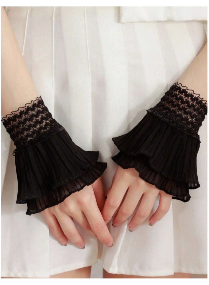 Black Lace Wrist Sleeves Short Fingerless Glove Hollow Out Sheer Floral Pattern Wedding Dress Accessories - Image 5