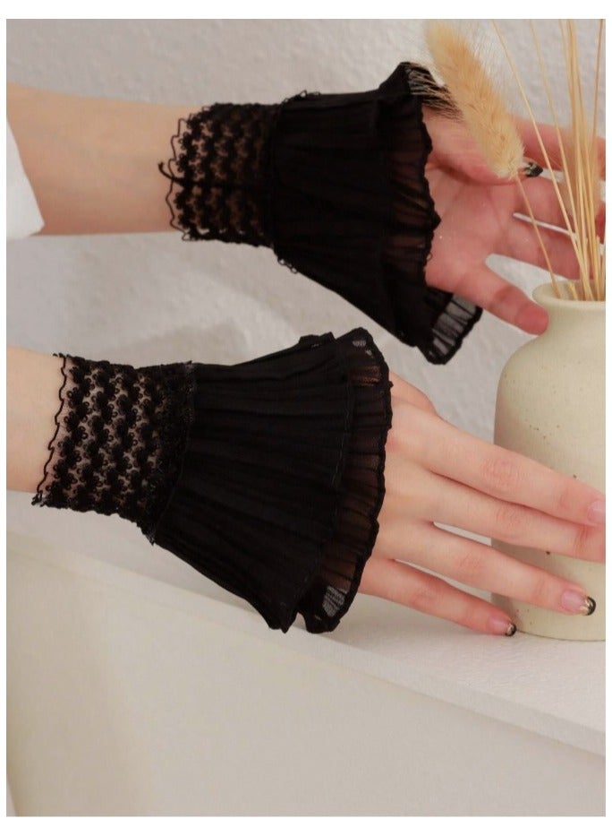 Black Lace Wrist Sleeves Short Fingerless Glove Hollow Out Sheer Floral Pattern Wedding Dress Accessories - Image 4