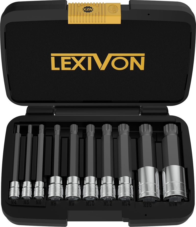 LEXIVON XZN Triple Square Spline Bit Socket Set Extra Long 4Inch 10Piece European Style M4 M18 Premium S2 Alloy Steel Enhanced Storage Case LX145L - Image 2