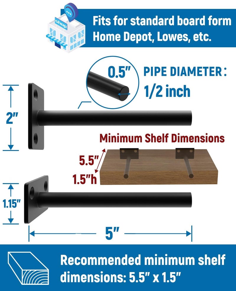 Leopo Black 12 Pack-5 Inch Floating Shelf Bracket, Hidden Brackets For Floating Wood Shelves - Image 2