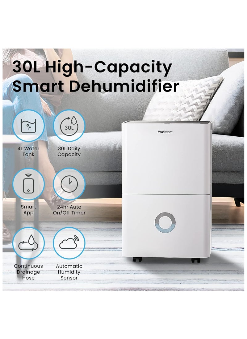Pro Breeze 30L/Day Dehumidifier - Smart Compressor Dehumidifier With App, Wi-Fi, Continuous Drainage, 4L Water Tank, 24h Timer And Child Lock- Mould Remover And Moisture Absorber For Home And Bathroom  - Image 2