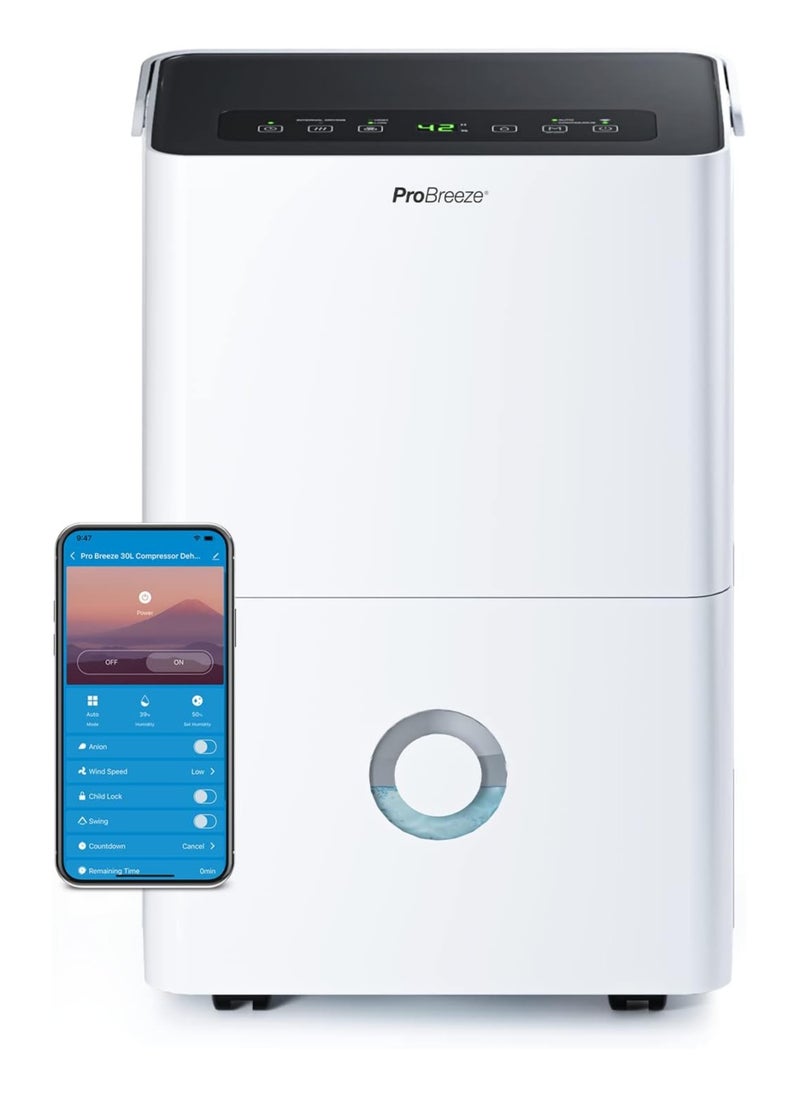 Pro Breeze 30L/Day Dehumidifier - Smart Compressor Dehumidifier With App, Wi-Fi, Continuous Drainage, 4L Water Tank, 24h Timer And Child Lock- Mould Remover And Moisture Absorber For Home And Bathroom  - Image 1