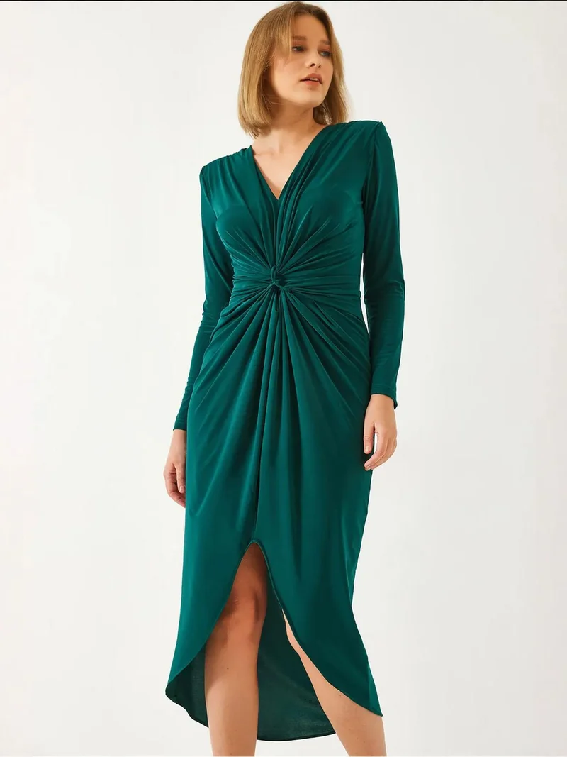 Bianco Lucci LUCCI V-Neck Ruched Midi Dress