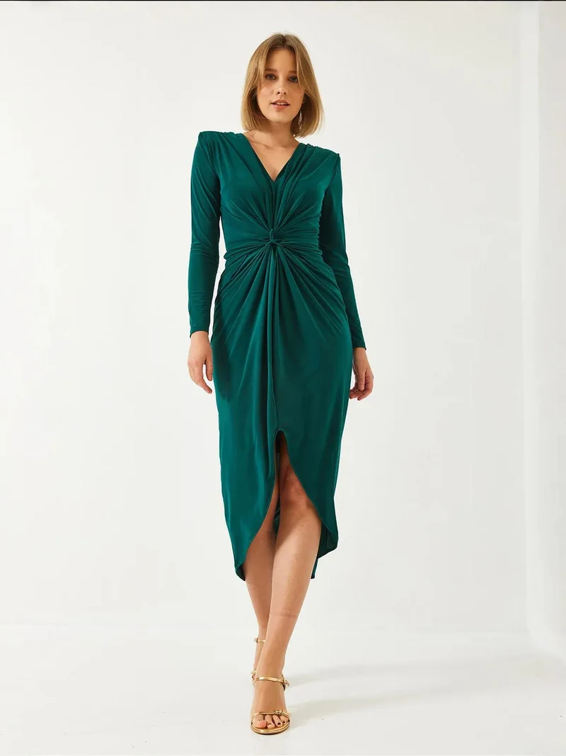 Bianco Lucci LUCCI V-Neck Ruched Midi Dress