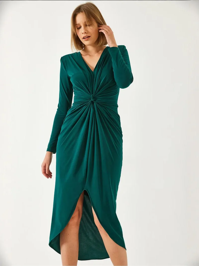 Bianco Lucci LUCCI V-Neck Ruched Midi Dress
