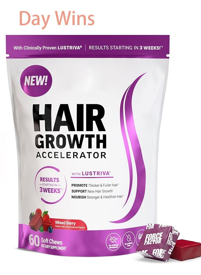 Day Wins Hair Growth Accelerator Soft Chews, Hair Growth Vitamins for Women and Men with Clinically Proven Lustriva and Biotin to Promote Thicker, Fuller, Stronger Hair, Mixed Berry, 60 Soft Chews - Image 1