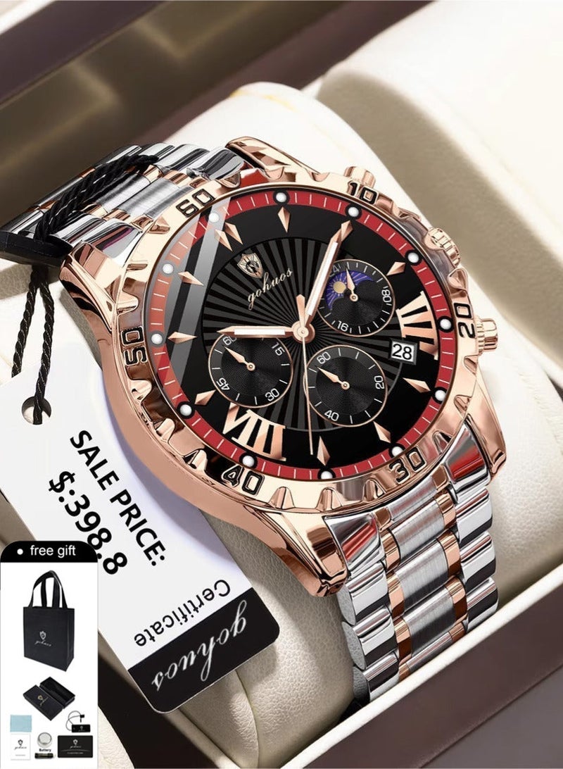 GOHUOS Men's Watch, Top Brand Luxury Stainless Steel Band Chronograph Luminous Date Week Waterproof Quartz Business Fashion Wrist Watch - 44mm - Father or Boyfriend Gift - Image 1