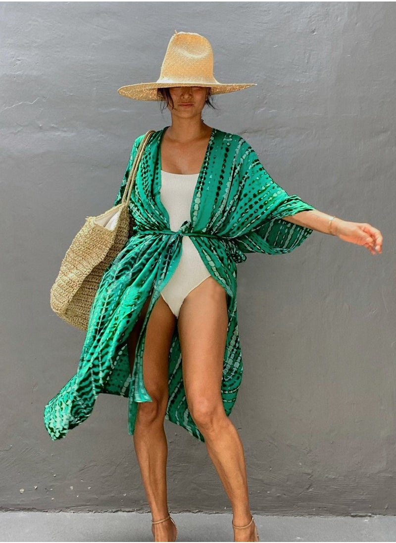 GRKC Stylish Tie Dye Open Front Long Kimono Swimsuit Cover Up for Women, Perfect Beach Resort Vacation Swimwear Shawl  - Image 2