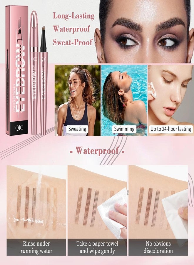 كيو اي سي قلم تحديد الحواجب ثلاثي الأبعاد المقاوم للماء بتقنية المايكروبليدينغ، مزود بأربعة رؤوس متشعبة، قلم تحديد الحواجب QIC بأربعة رؤوس، شعر حواجب طبيعي يدوم طويلاً، قلم تحديد الحواجب السحري وفرشاة الحواجب (بني داكن) - Image 3