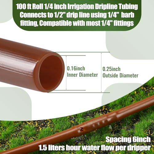 Innconee 1/4 Inch Drip Irrigation Tubing Hydroponics Dripline Hose with 6 Inch Emitter Spacing Irrigation Drip Line Emitter Tubing for Gardens Efficient Raised Beds Flower Watering(Brown,100 ft) - Image 2