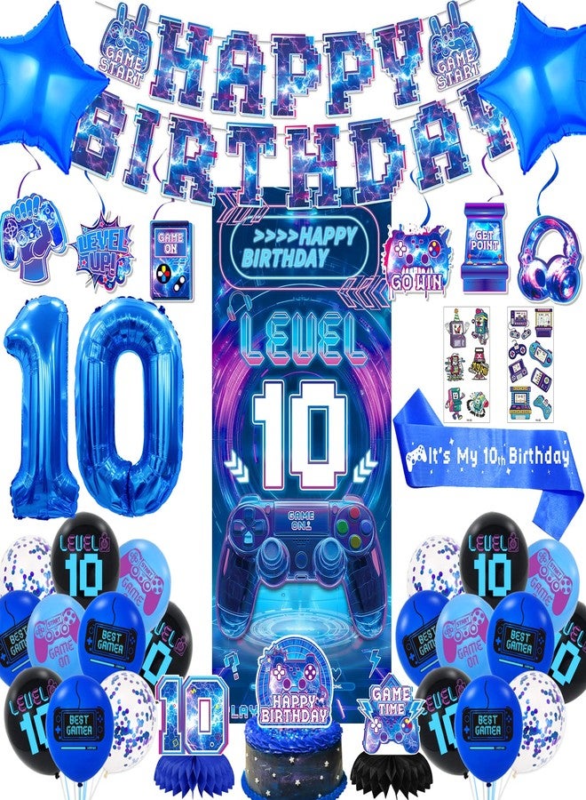 FINDRICH 10th Birthday Decorations for Boys, Video Game Level 10 Birthday Decorations Include Banner Backdrop Sash Honeycomb Centerpieces Hanging Swirls Stickers Cake Topper for Gamer Party Supplies - Image 1