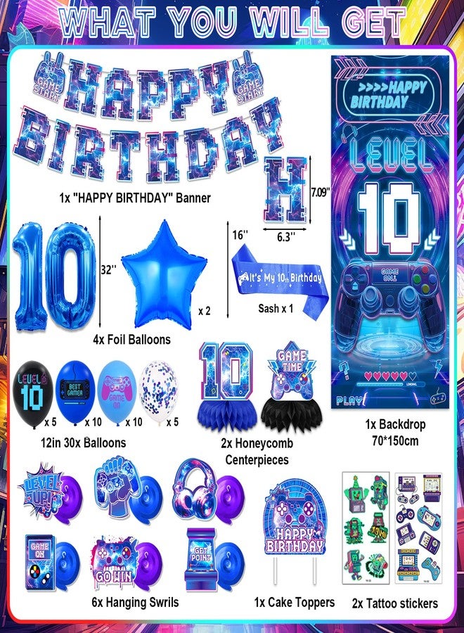 FINDRICH 10th Birthday Decorations for Boys, Video Game Level 10 Birthday Decorations Include Banner Backdrop Sash Honeycomb Centerpieces Hanging Swirls Stickers Cake Topper for Gamer Party Supplies - Image 3