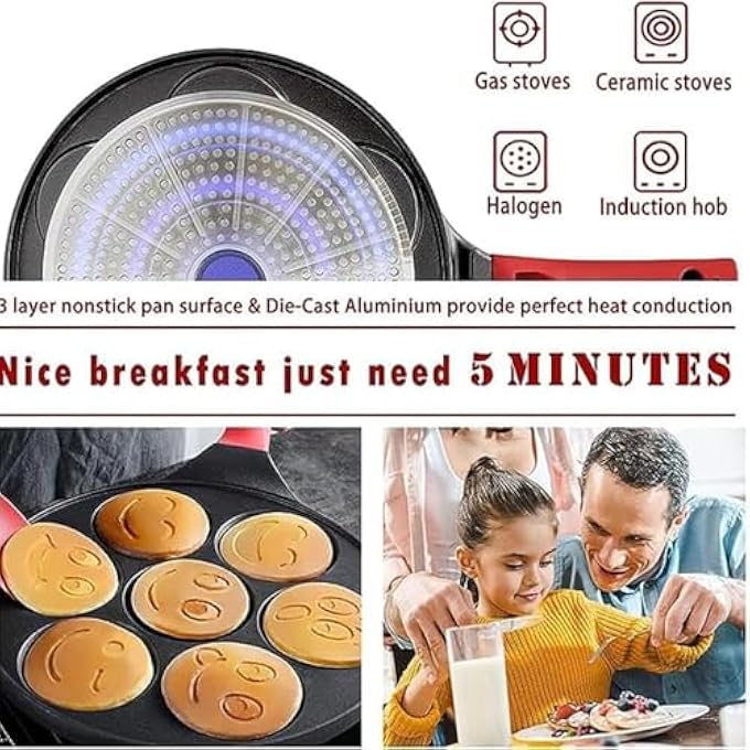 ريحني مقلاة إفطار غير لاصقة من 7 أكواب بمقبض مقاوم للحرارة، مثالية لصنع الفطائر الناعمة، الأومليت والكريب، صينية فطائر مثالية للأطفال والعائلة - Image 4