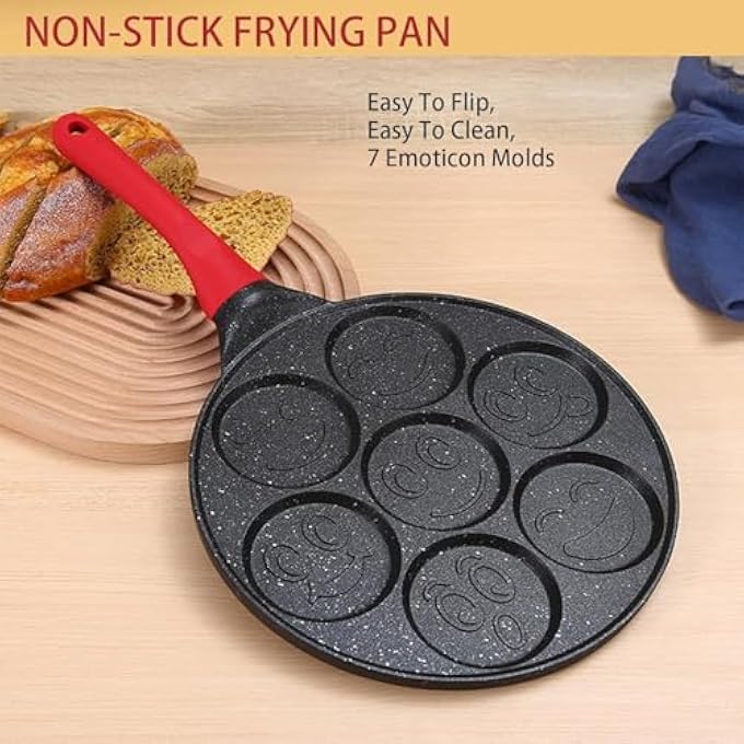 ريحني مقلاة إفطار غير لاصقة من 7 أكواب بمقبض مقاوم للحرارة، مثالية لصنع الفطائر الناعمة، الأومليت والكريب، صينية فطائر مثالية للأطفال والعائلة - Image 3