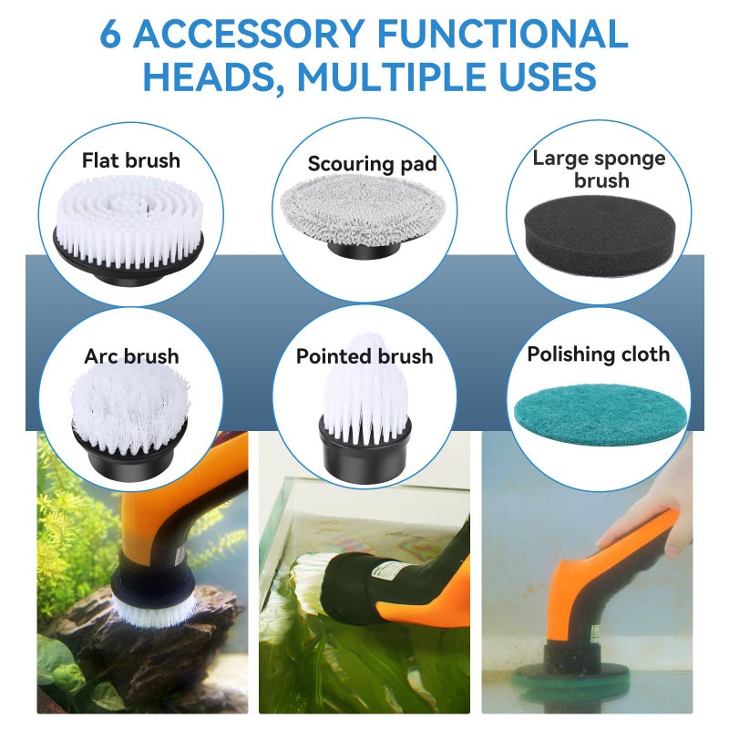 hygger IPX8 Electric Aquarium Cleaning Brushes, Rechargeable Cleaner Tools Kit with 6 Replaceable Clean Spin Brush Heads Cordless Use 2 Speeds Adjustable Handle for Dog House Outdoor/Cat Litter Boxes - Image 3