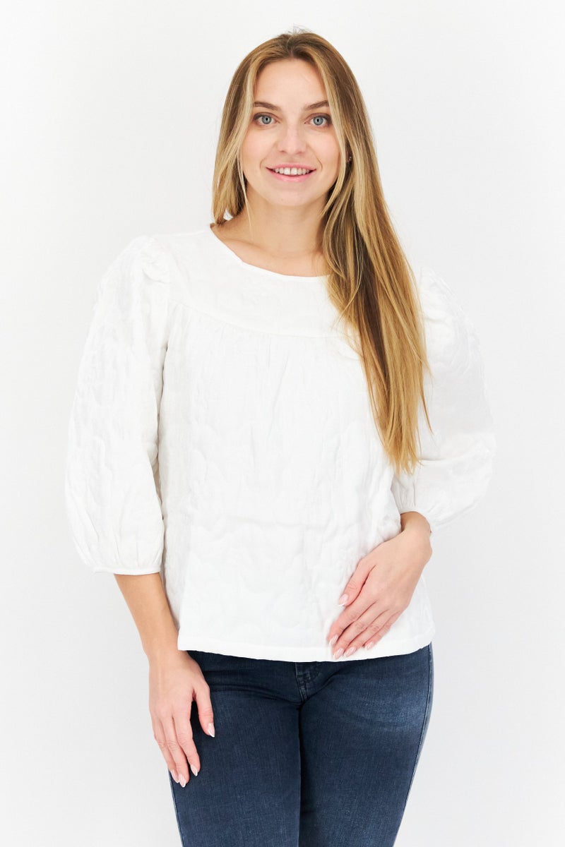 Object Women Round Neck Balloon Sleeves Quilted Blouse, White - Image 1