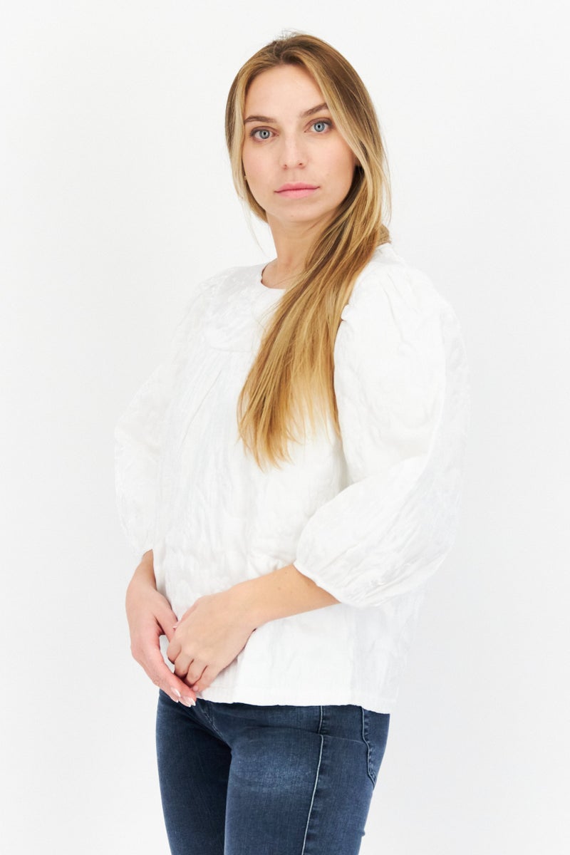 Object Women Round Neck Balloon Sleeves Quilted Blouse, White - Image 3