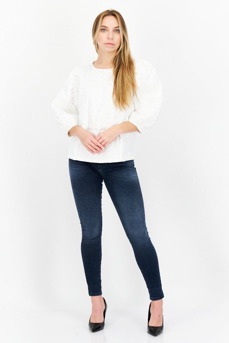 Object Women Round Neck Balloon Sleeves Quilted Blouse, White - Image 2