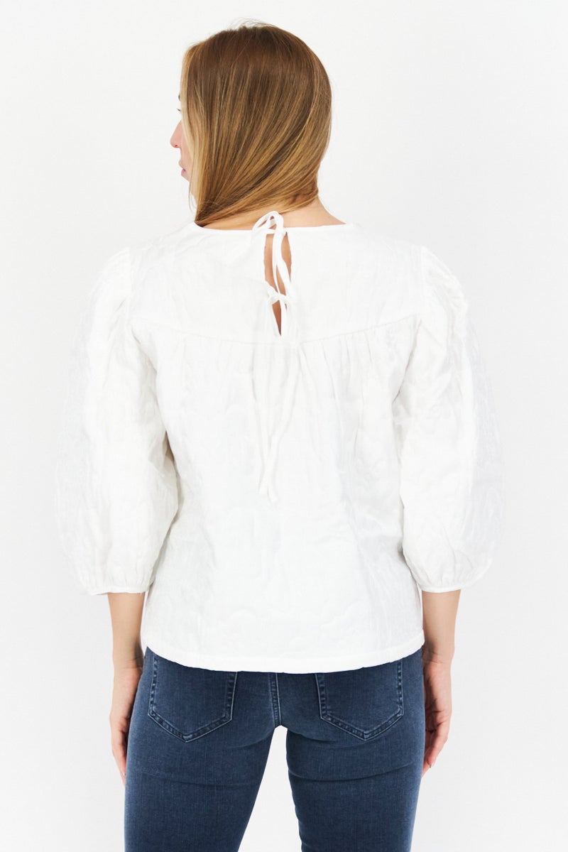 Object Women Round Neck Balloon Sleeves Quilted Blouse, White - Image 4