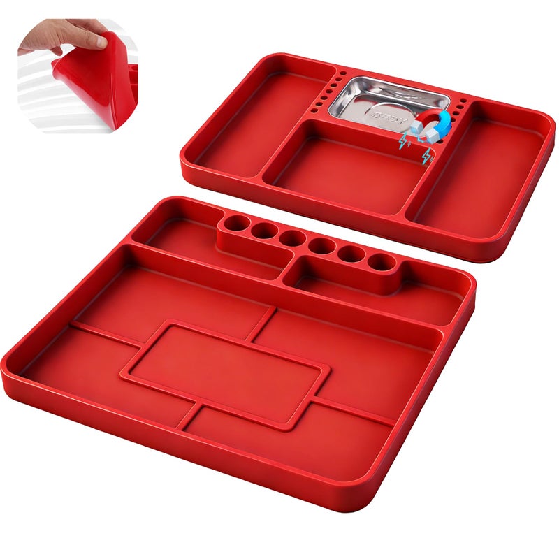SEDY Premium Silicone Tool Tray, Automotive Non-Slip Flexible Silicone Tool Trays, Tool Organizer | 2 Piece Multi Purpose Mats with Magnetic Small parts Tray - Image 1