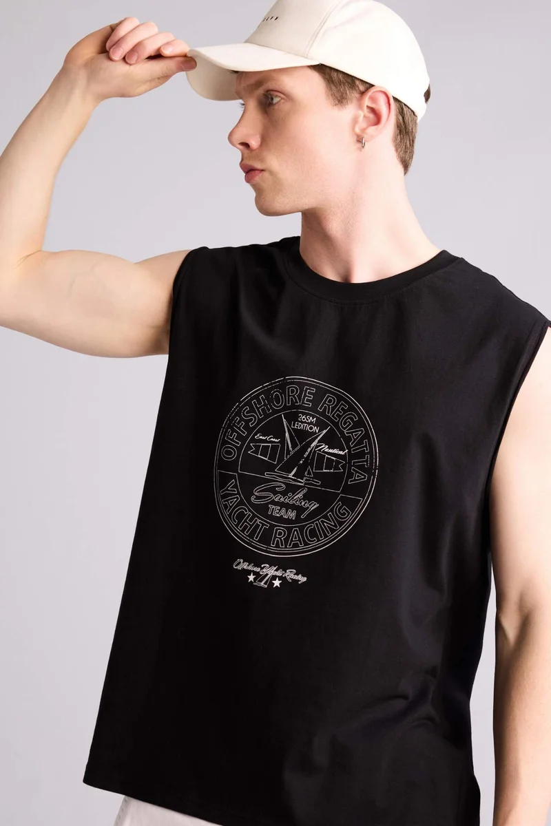 100% Cotton Boxy Fit Printed Black Tank Top